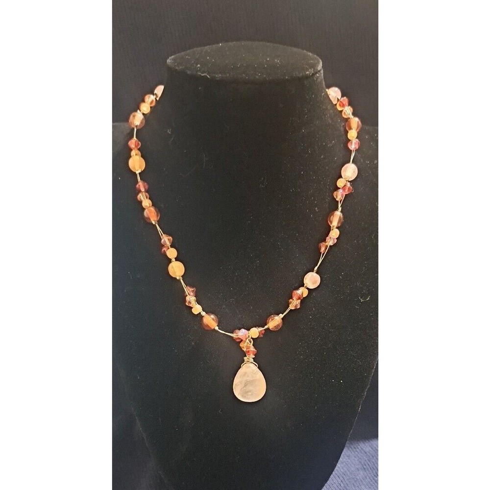 Vintage NY Signed Acrylic Glass Pendant Beaded Pink Necklace Adjustable 15.5in